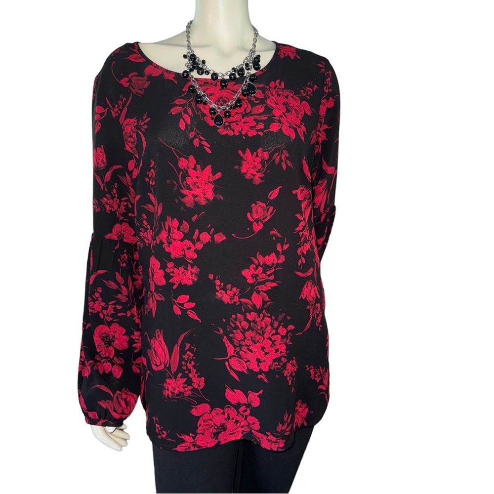 Alyx Women's Black Red Black Floral Crepe Blouse Size XL - Picture 3 of 17